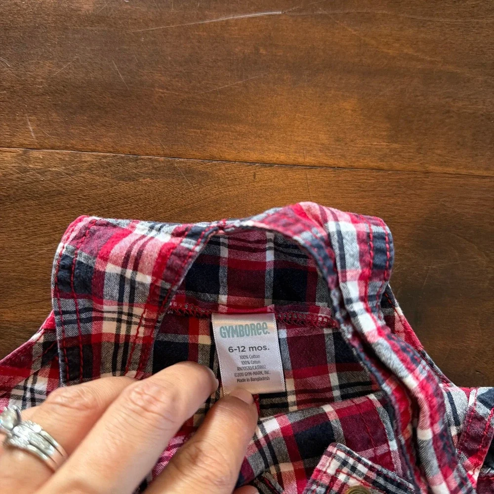Gymboree Boys Red Navy Blue Plaid Cotton Shortalls Overalls 6-12 Months